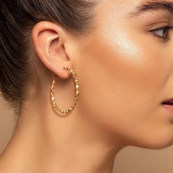 New 14K Gold Modish Hoop Earrings 40mm Latch Back
